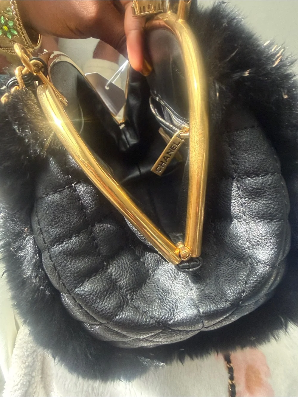 Chanel Rabbit Fur Lambskin Top-Handle Bag with Gold Chain crossbody Box Dust bag